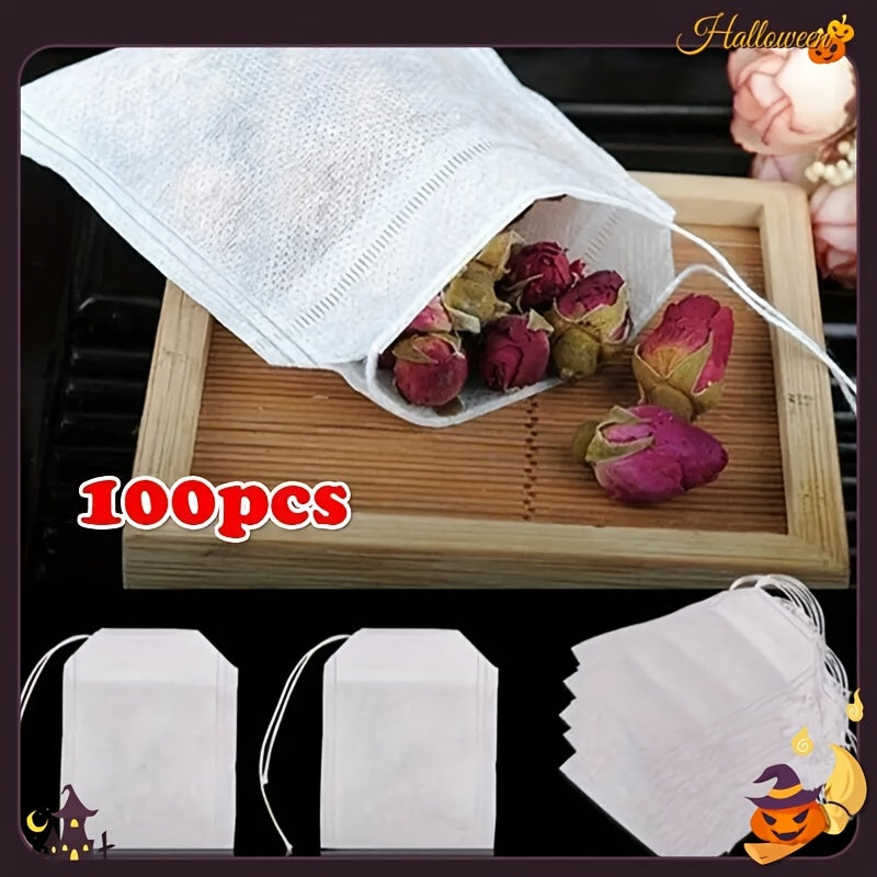 Pack of 100 Non-Woven Tea Bags with Drawstring for Spices Herbs and Floral Teas