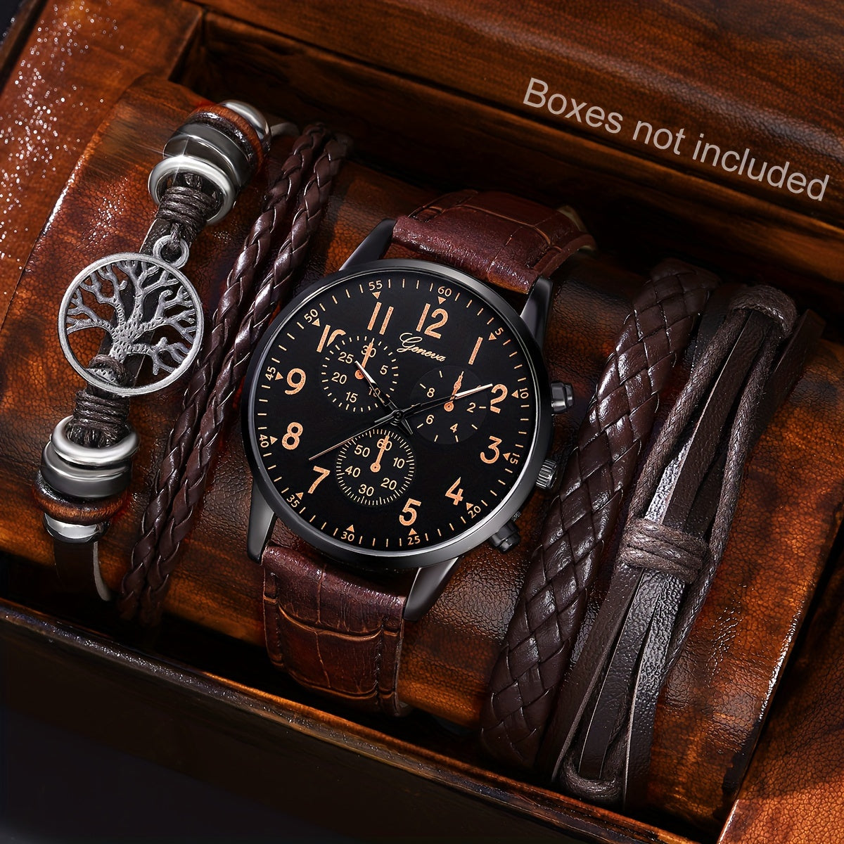 Men's Watch Set Black Nylon Strap Casual Industrial Style Round Dial Quartz Watch with 3 Bracelets