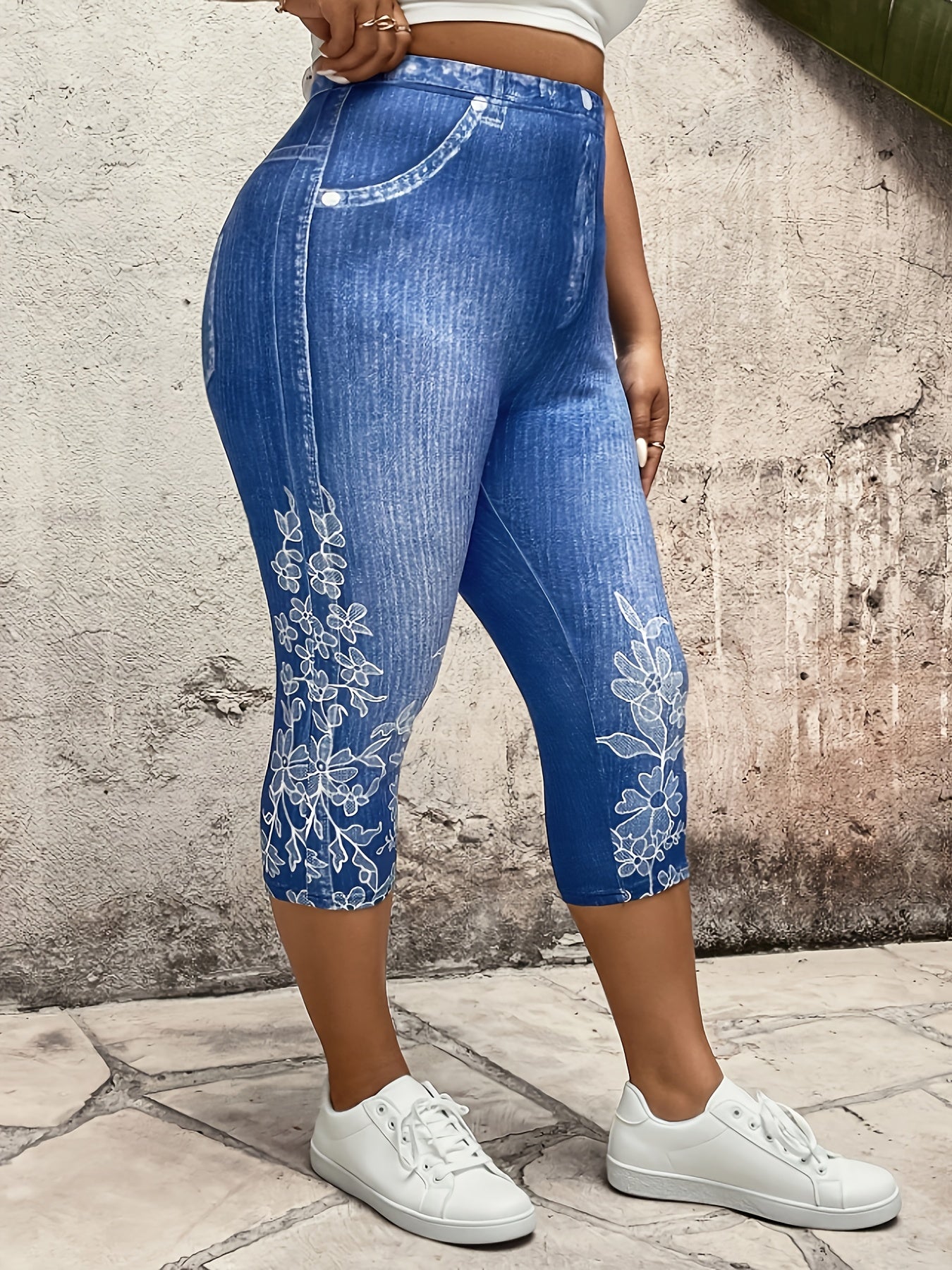 Plus Size Women's Denim Look Capri Pants with Elastic Waist Floral Print