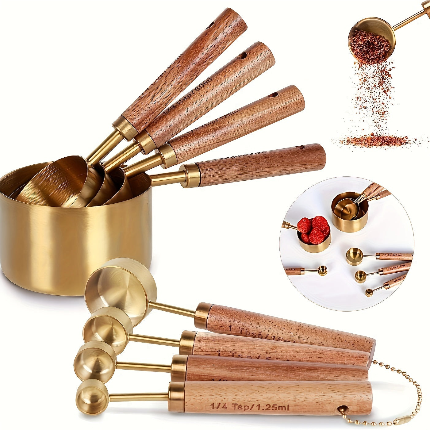 Set of 8 Golden Stainless Steel Measuring Cups and Spoons with Wooden Handles