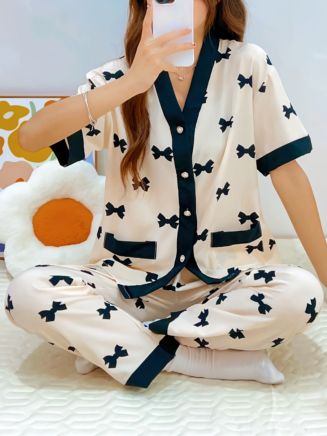 Women's Summer Pajama Set with Heart Pattern Short Sleeve V-Neck Cardigan and Long Pants