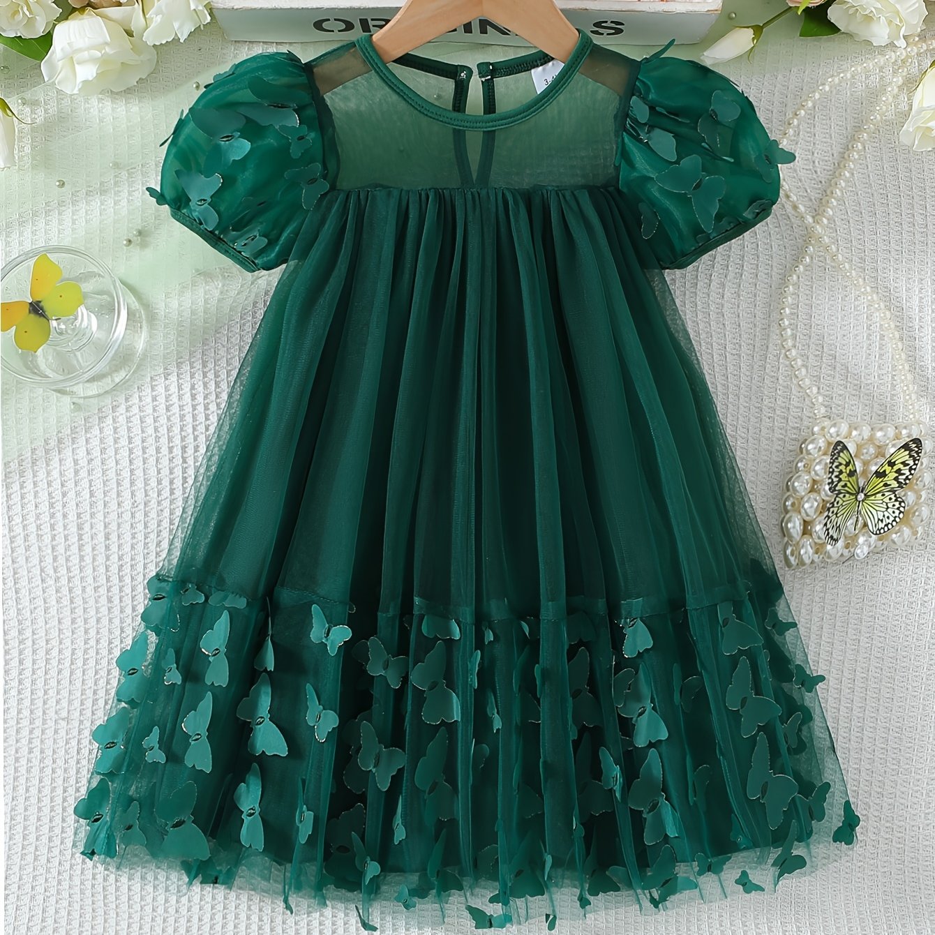 Girls' Spring Summer Princess Dress with 3D Butterfly Detail Short Puff Sleeve Flared Hollow Design