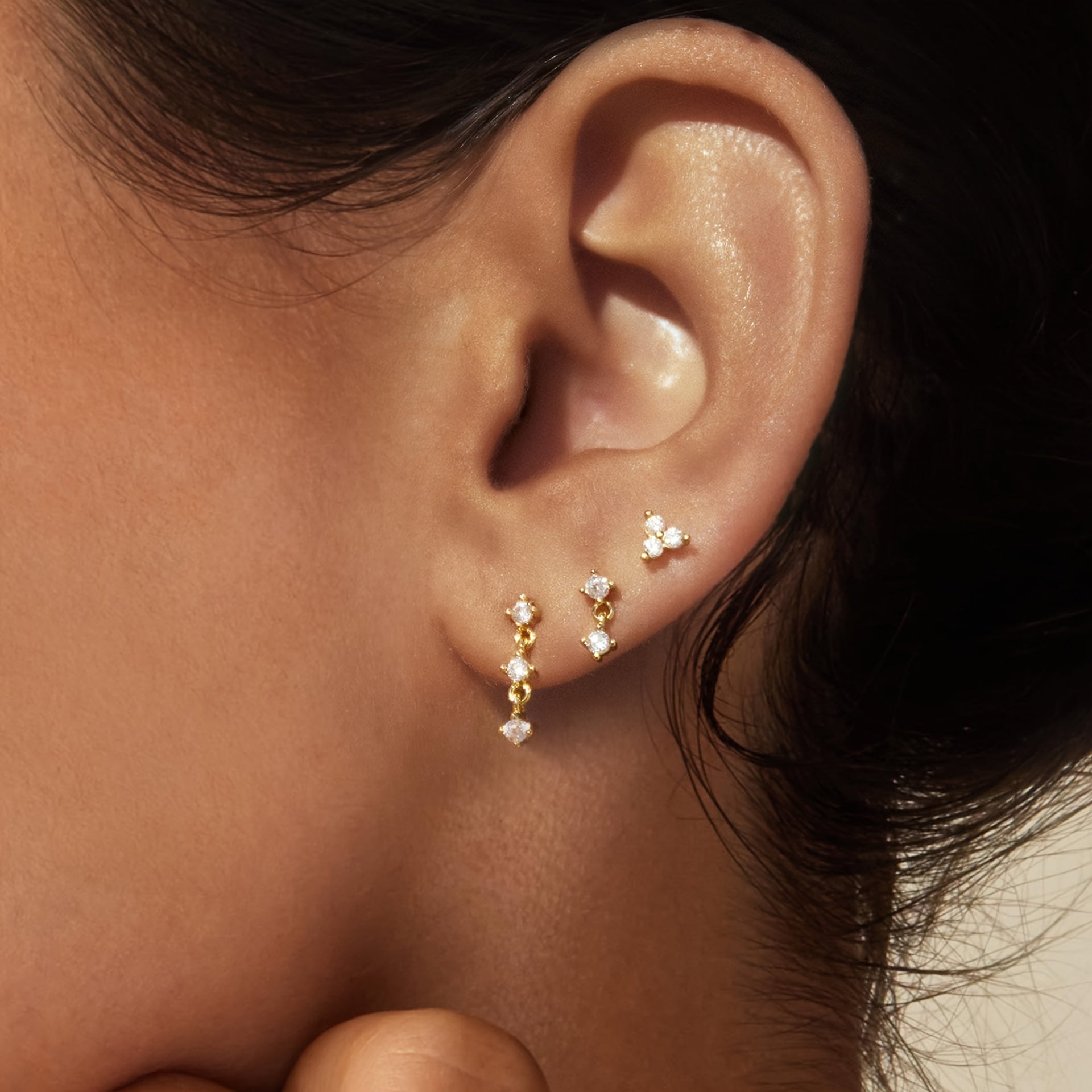 Set of 3 Copper Stud Earrings with Synthetic Zirconia for Women