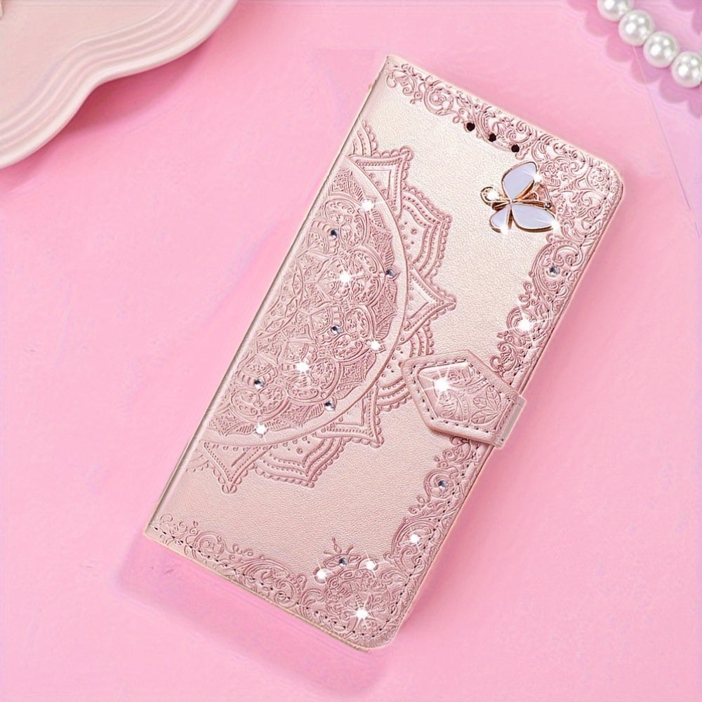 Embossed Mandala Faux Leather Phone Case with Crystals and Butterflies for Redmi