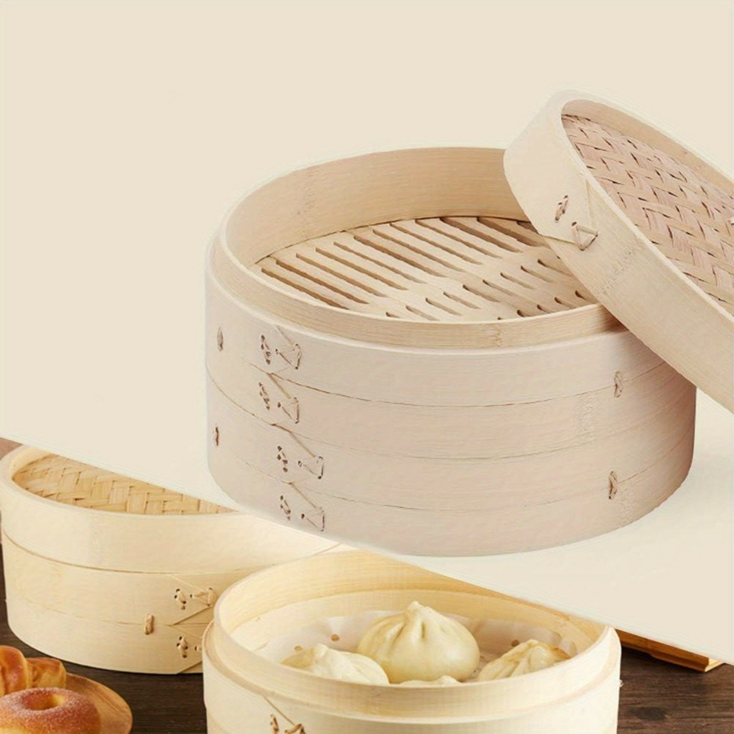 2-Tier Bamboo Steamer Basket 25.4cm Non-Stick Cooking Tool for Dim Sum Vegetables