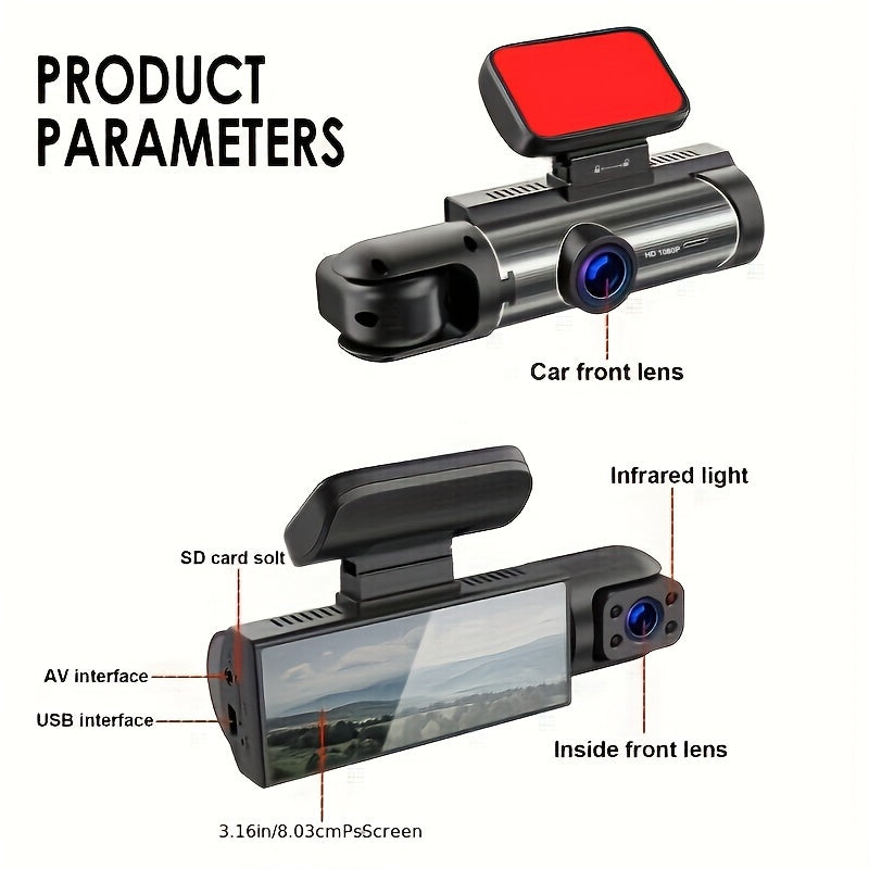 Dual-Lens 3.16 Inch Dash Camera 1080P HD Front Night Vision Rear 480P Wide Angle