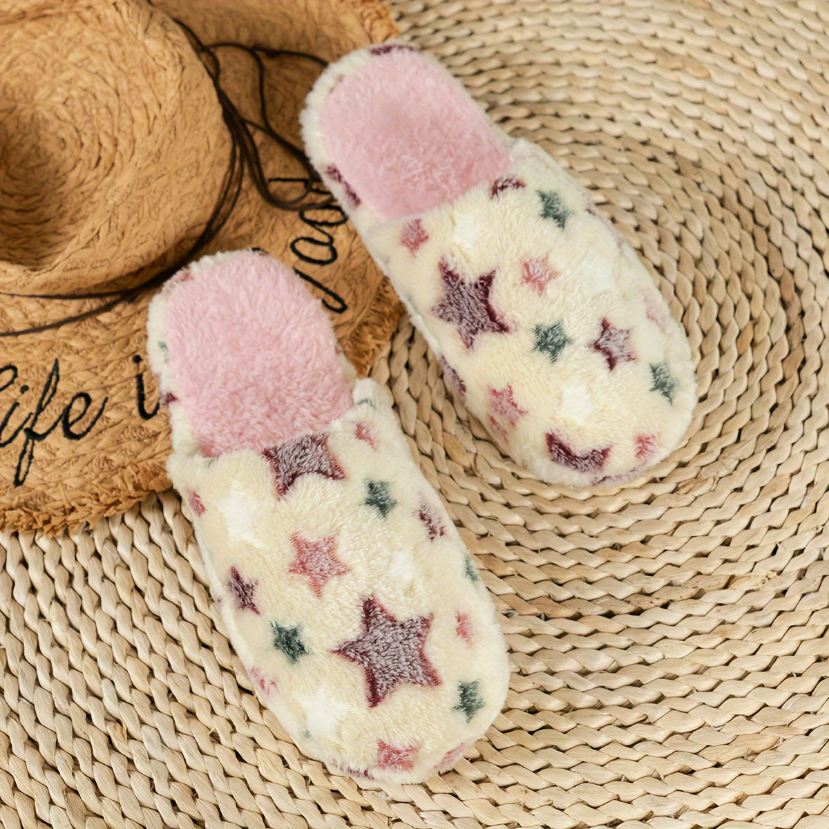 Women Slip-On Cozy Star Pattern Indoor Slippers Warm Non-Slip Sole