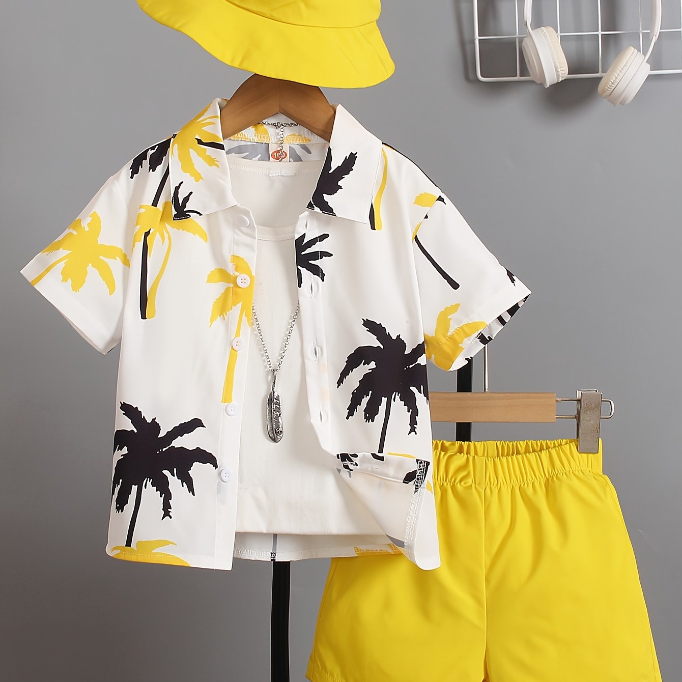 Boys Summer Clothing Set with Coconut Tree Graphic Shirt Shorts Hat for Kids