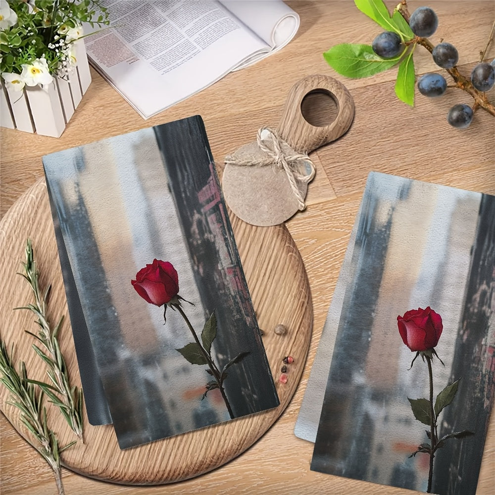 Набор из 2 романтических кухонных полотенец с розами 40x60 см, впитывающие, моющиеся в машине