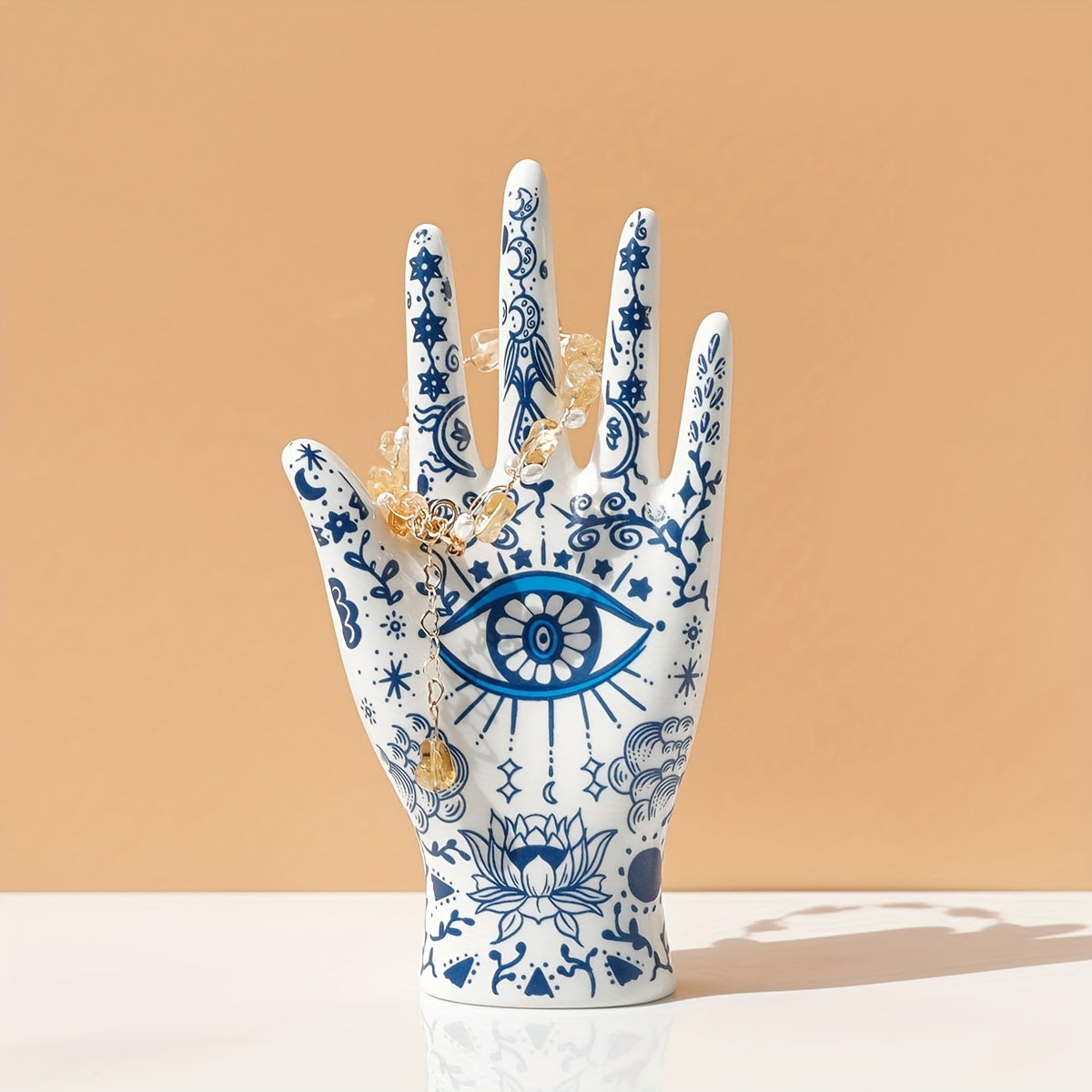 Ceramic Hamsa Ring Holder for Jewelry Display and Evil Eye Protection