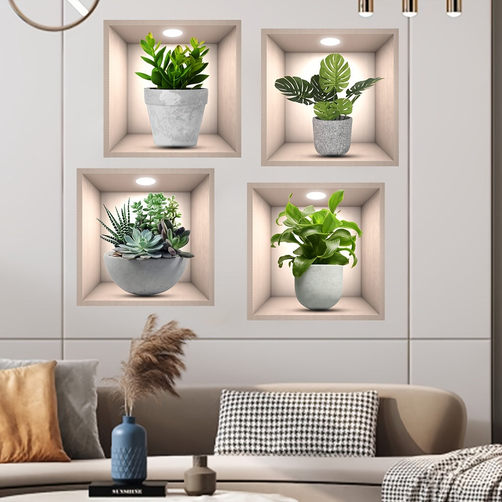 Set of 4 Green Potted Plant Wall Decals Waterproof Removable PVC Stickers for Home Office Room