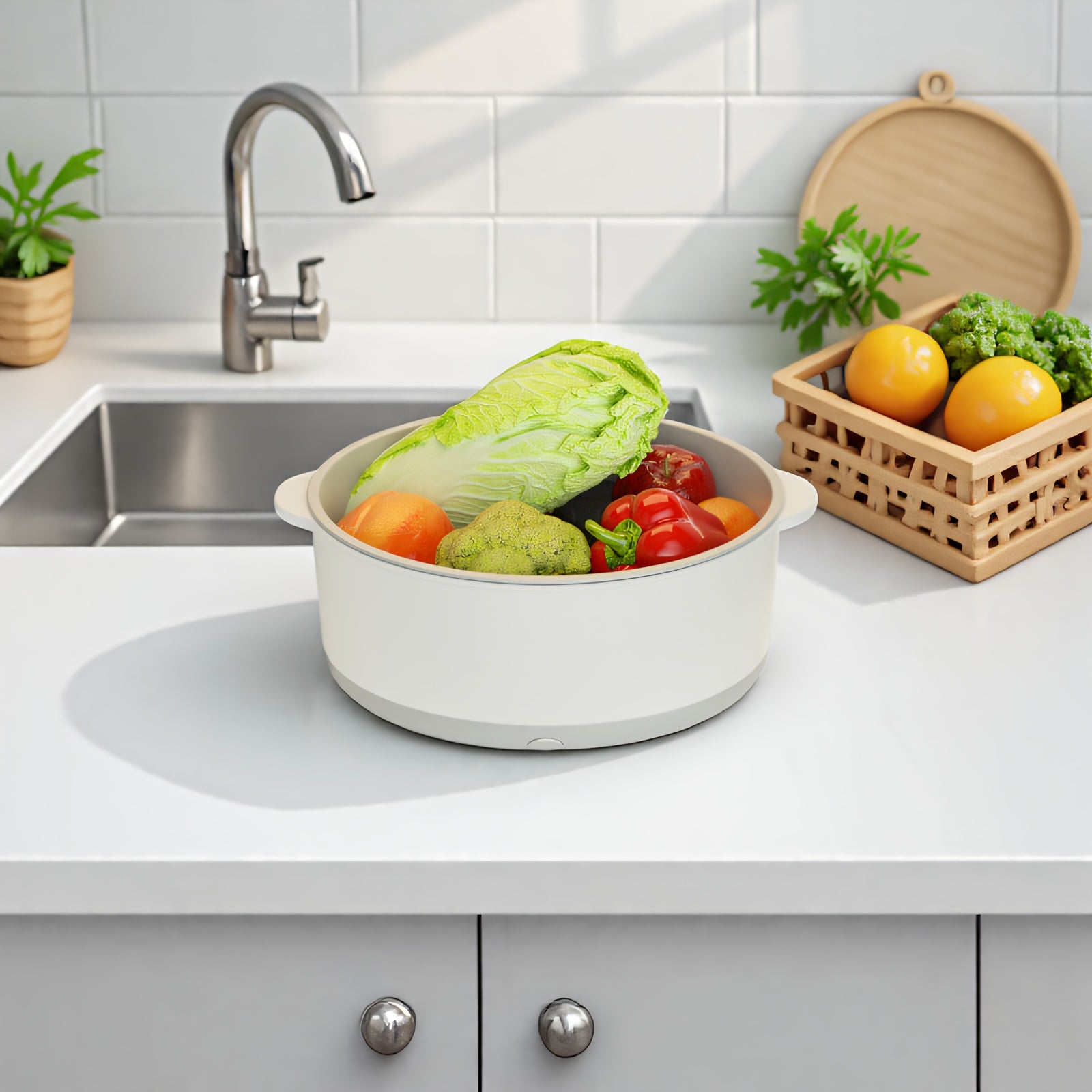 Qurilma bilan elektr quvvatli qo‘l bilan ishlovchi meva va sabzavot yuvish mashinasi, oqim qutisi va USB port bilan. Oziq-ovqat protsessorining qo‘shimchalari bilan ta'minlangan.