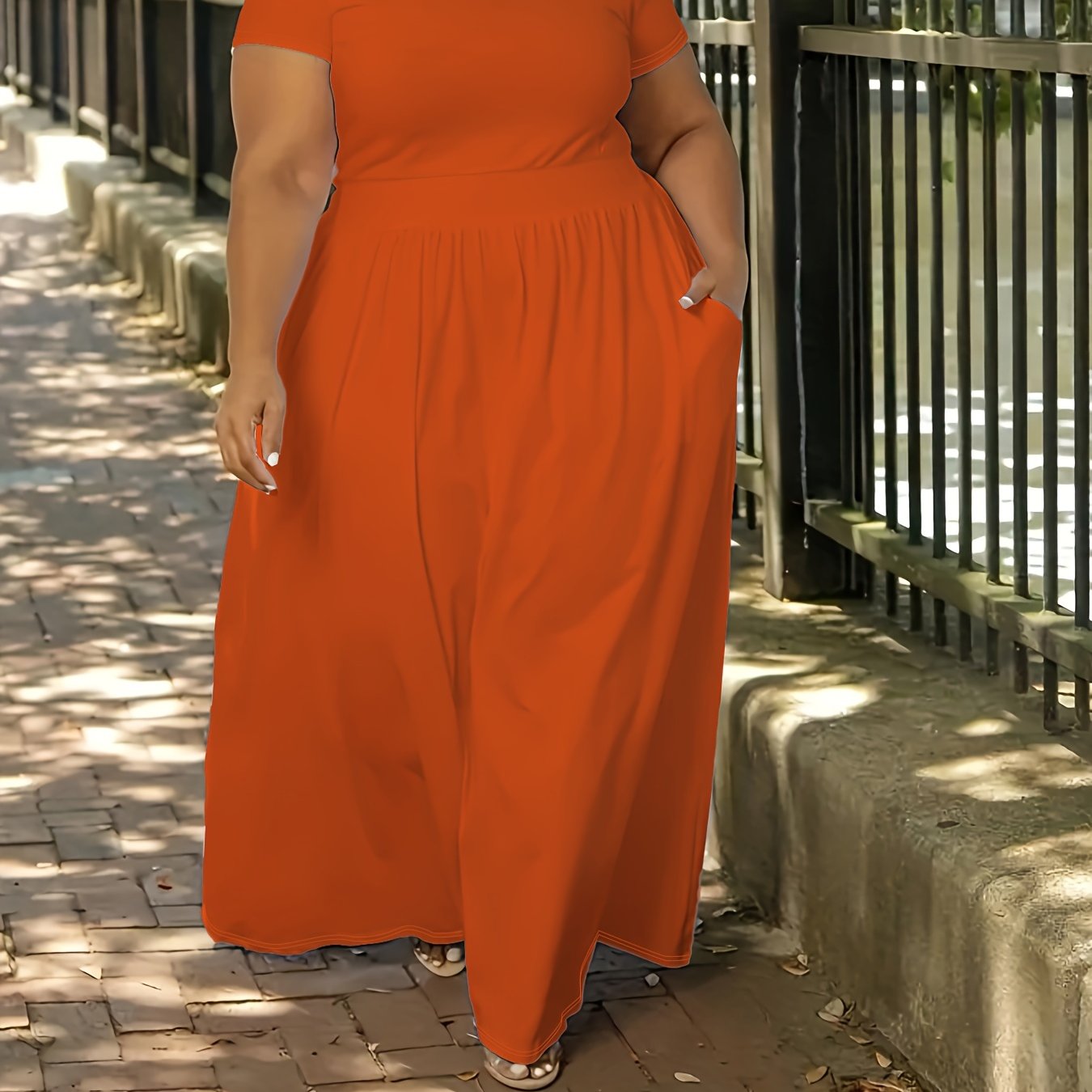 Plus Size Solid Maxi Dress with Short Sleeves, Medium Stretch, Crew Neck