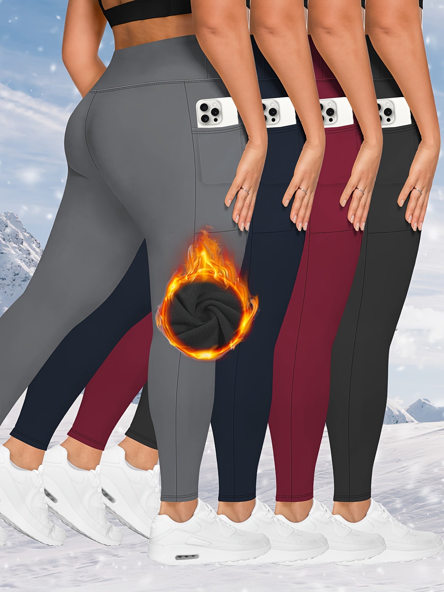 Leggings de cintura alta con forro de felpa y bolsillos para otoño/invierno