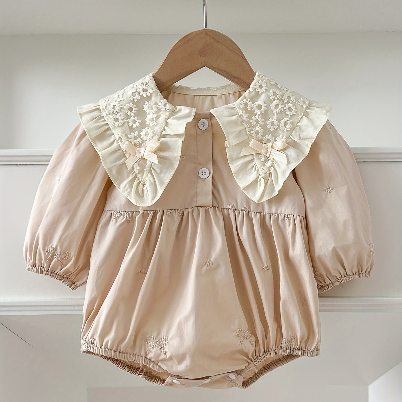 Baby Girl Floral Embroidered Cotton Long-Sleeve Romper for Spring Fall Outdoor Wear