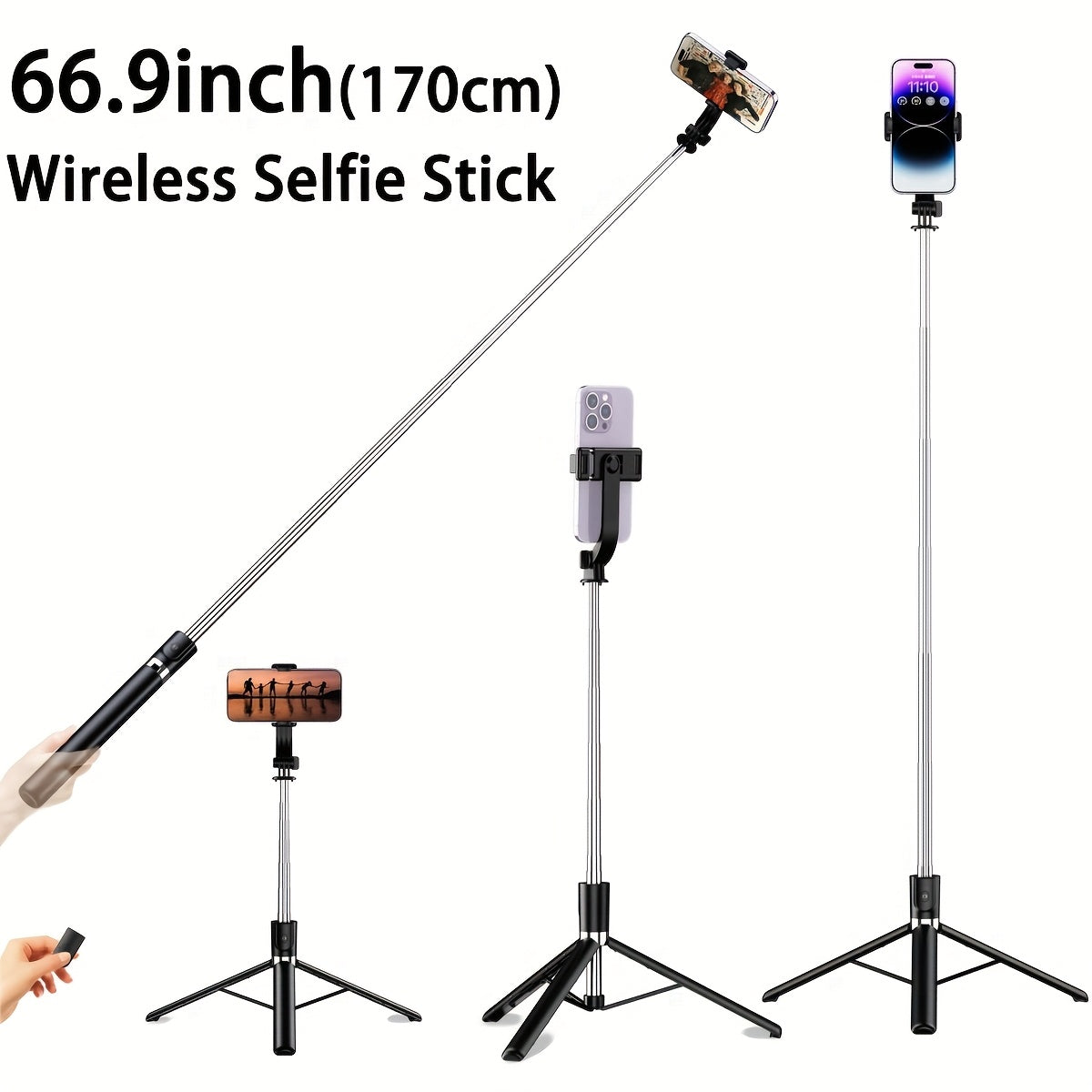 Wireless Extendable Selfie Stick with Remote and Foldable Phone Tripod 66.9 Inches