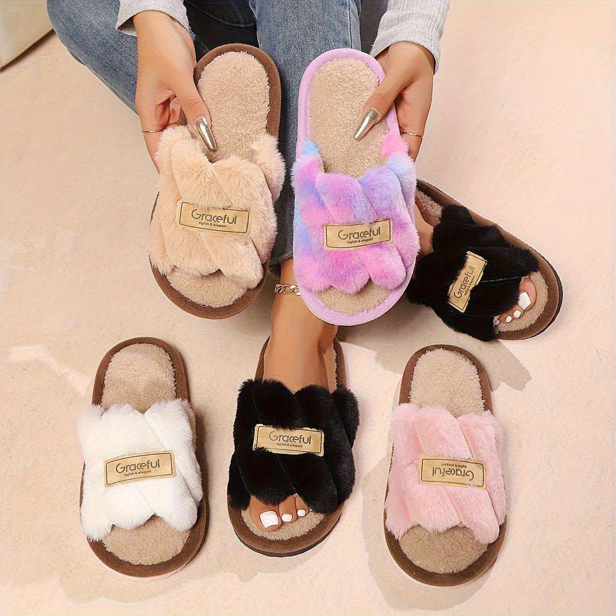 Women's Fluffy Faux Fur Open-Toe House Slippers Soft PVC Sole Indoor Footwear