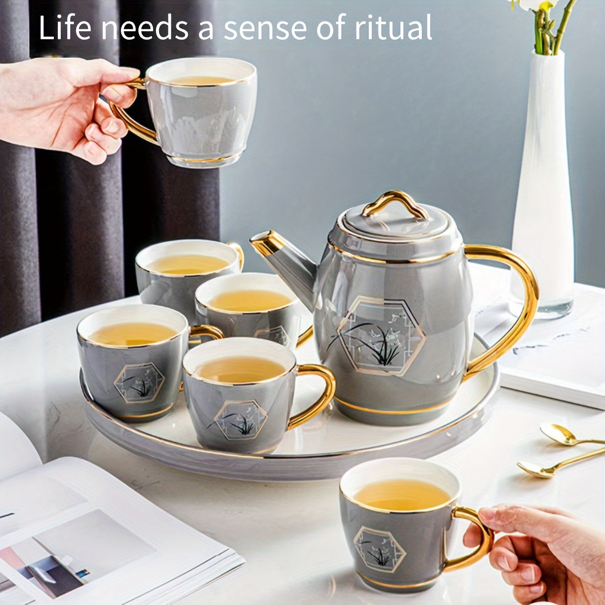 Ceramic Tea Set with Teapot and Cups, Food-Safe, Large Capacity for Afternoon Tea