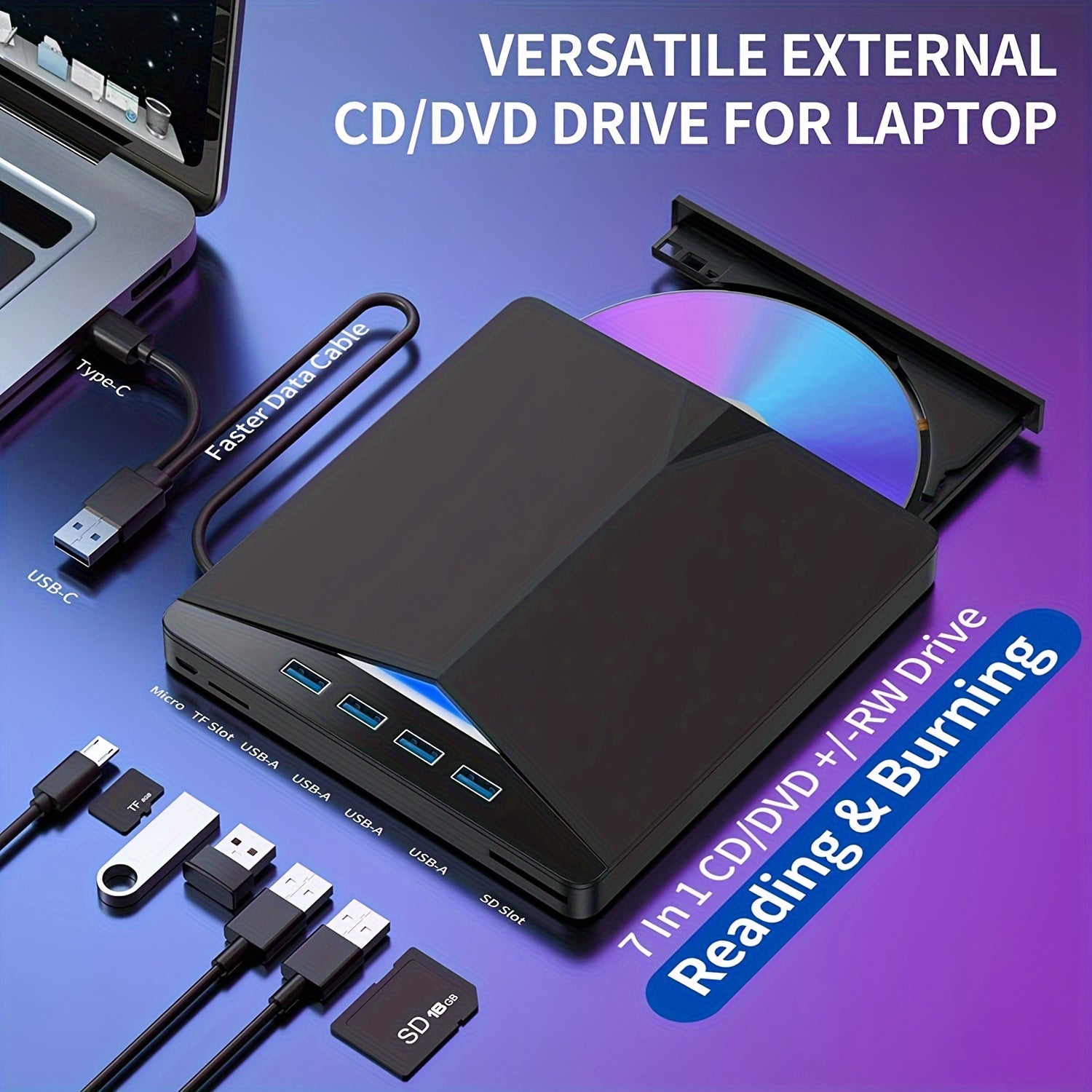 Portable External DVD Drive with USB 3.0, Card Readers, Burner for Laptops and PCs