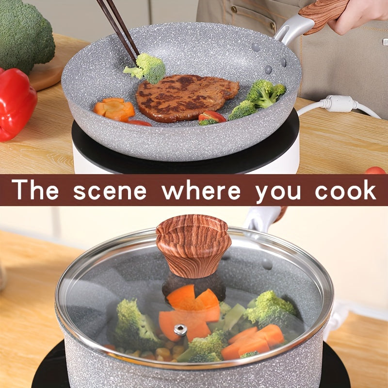 Maifan tosh non-stick oshxona to'plami, 3 ta qism, yog'och tutqichlar va shisha qopqog'lar bilan