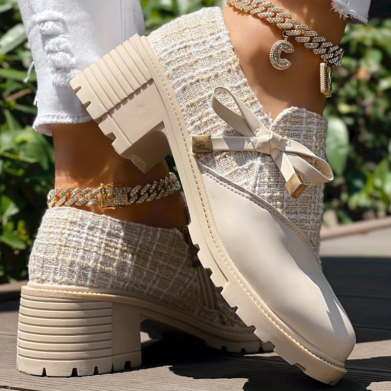 Women's Colorblock Dress Shoes with Bowknot Zipper Chunky Heel