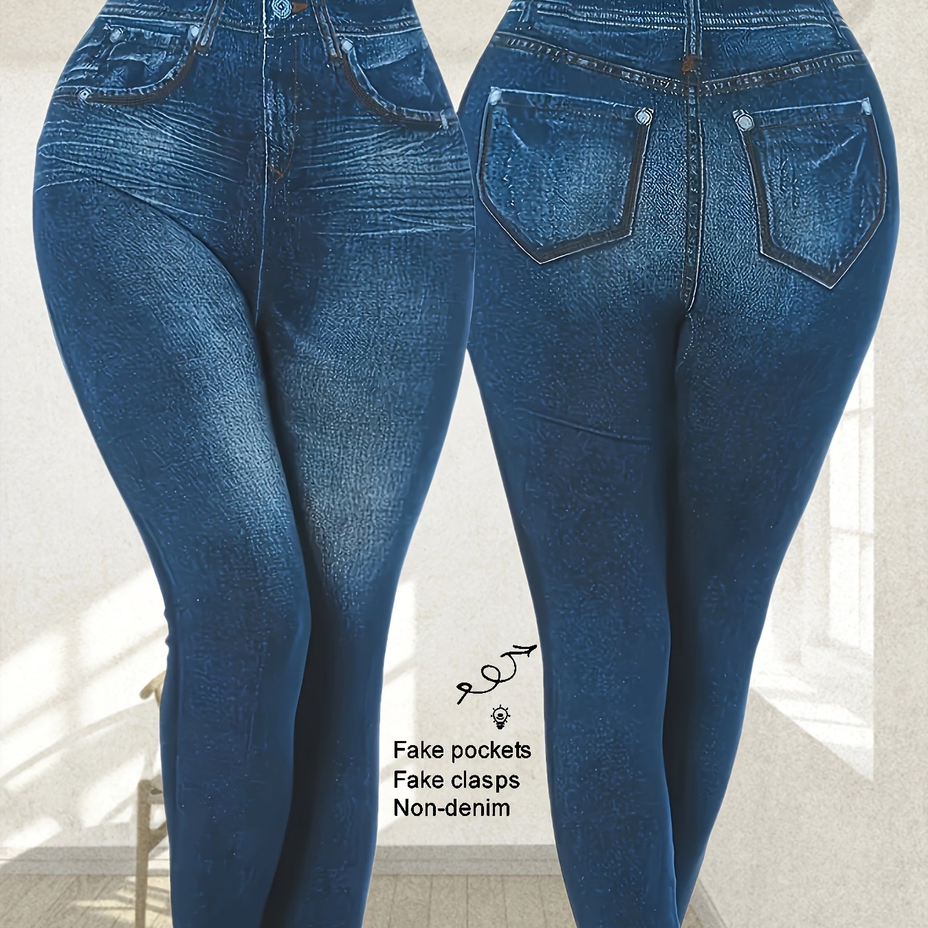 Plus Size Stretch Denim Look Leggings for Women with Faux Pockets and High Elasticity
