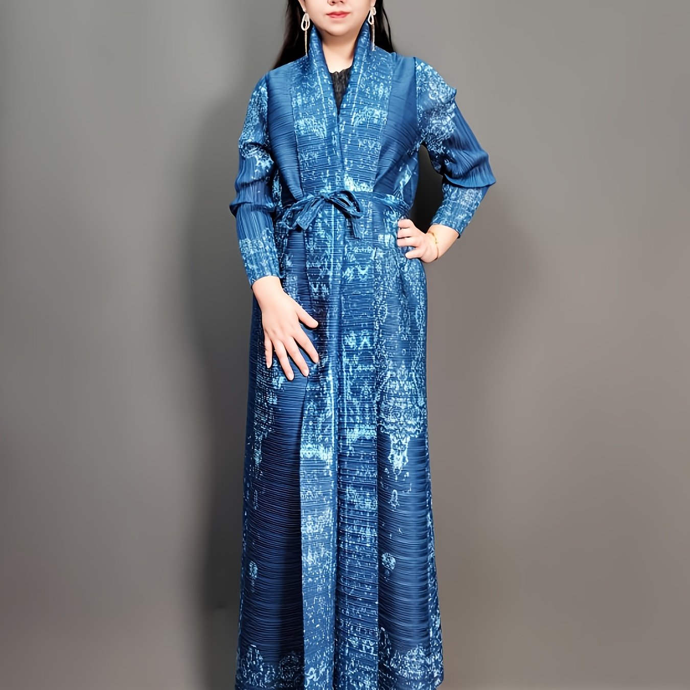 Blue and Black Floral Print Maxi Kaftan Dress with Long Sleeves and Tie Waist for Women