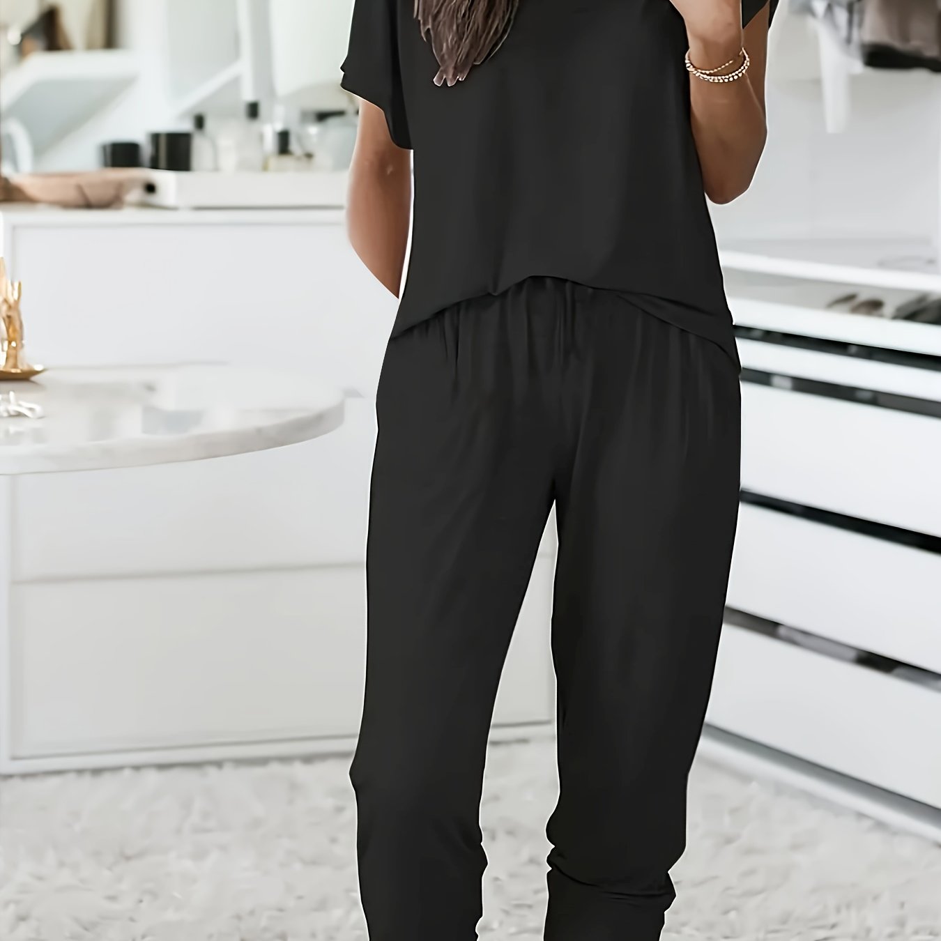 Women's Plus Lounge Set Solid Round Neck Top and Drawstring Pants