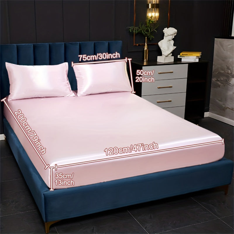 Satin Bedding Set 3 Pieces Fitted Sheet and Pillowcases Solid Color