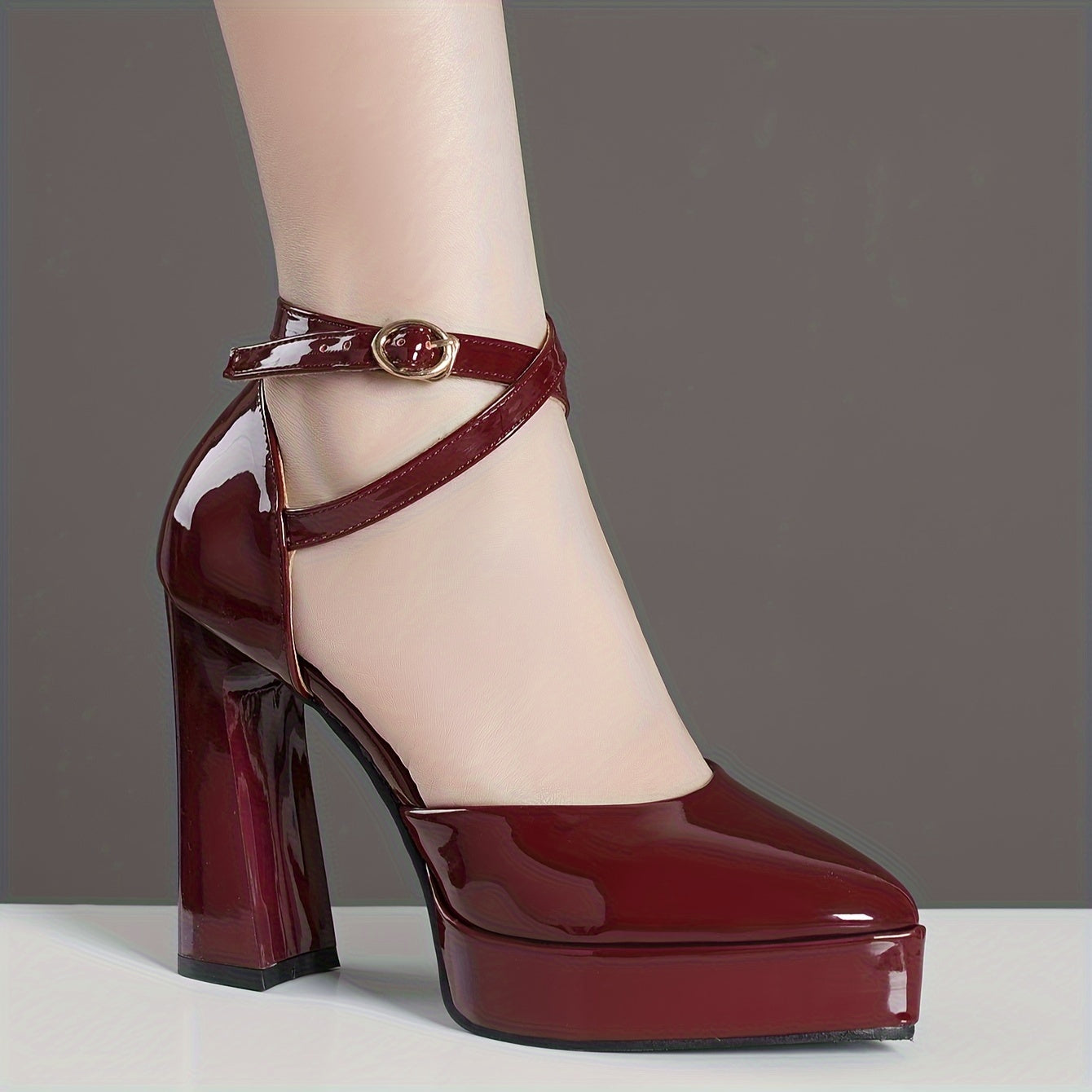 Women's Red Block Heel Pumps with Golden Buckle Strap for Fall High Heels