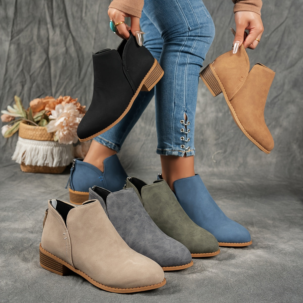 Women's Solid Color Ankle Boots Chelsea Short Boots with Thick Heel