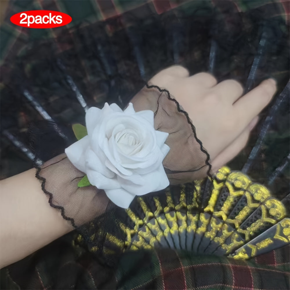 Women’s Lace Wrist Cover Sleeve in Wine Red with Rose Flower Design