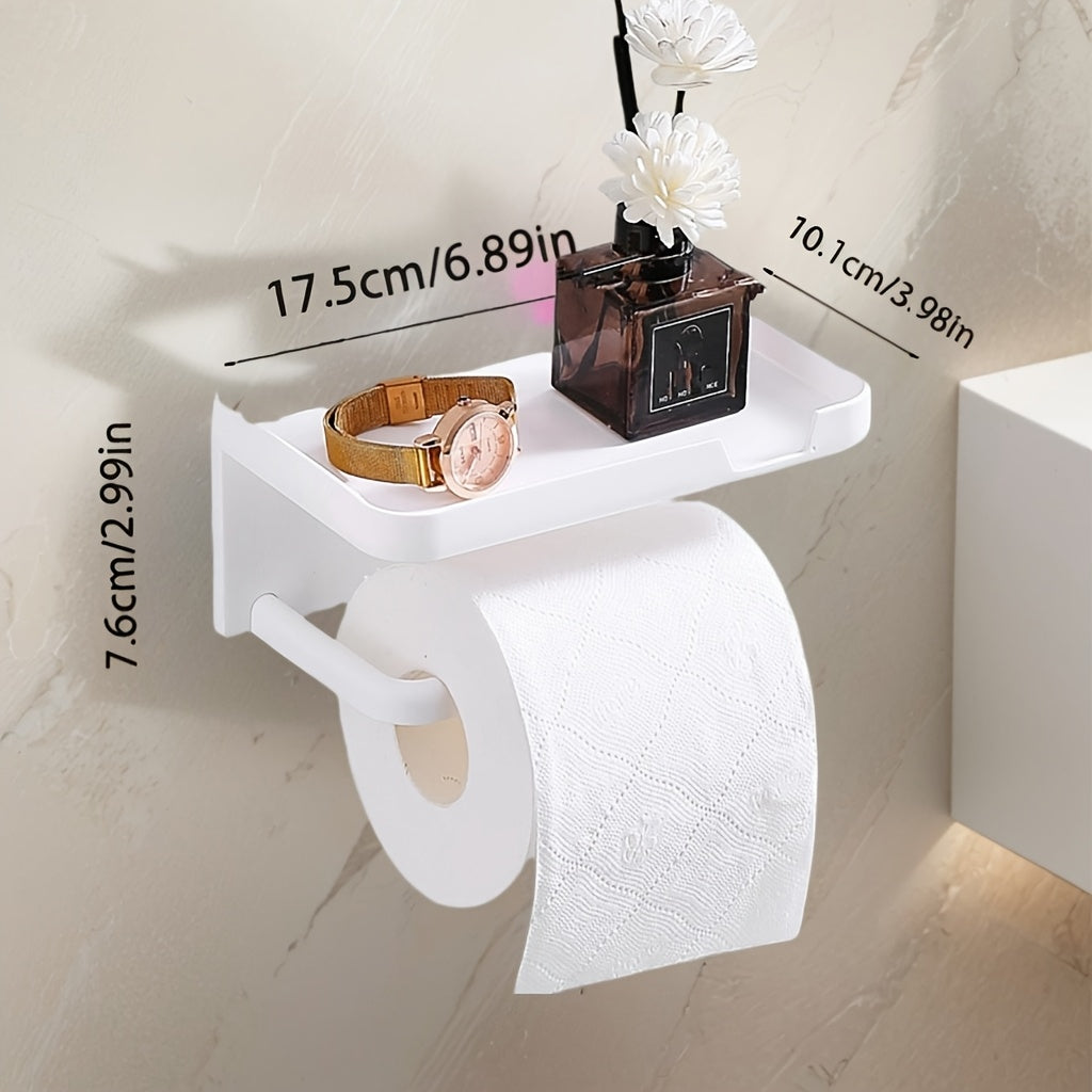 Wall-Mounted Toilet Paper Holder with Phone Shelf Polished Finish Self-Adhesive Bathroom Storage