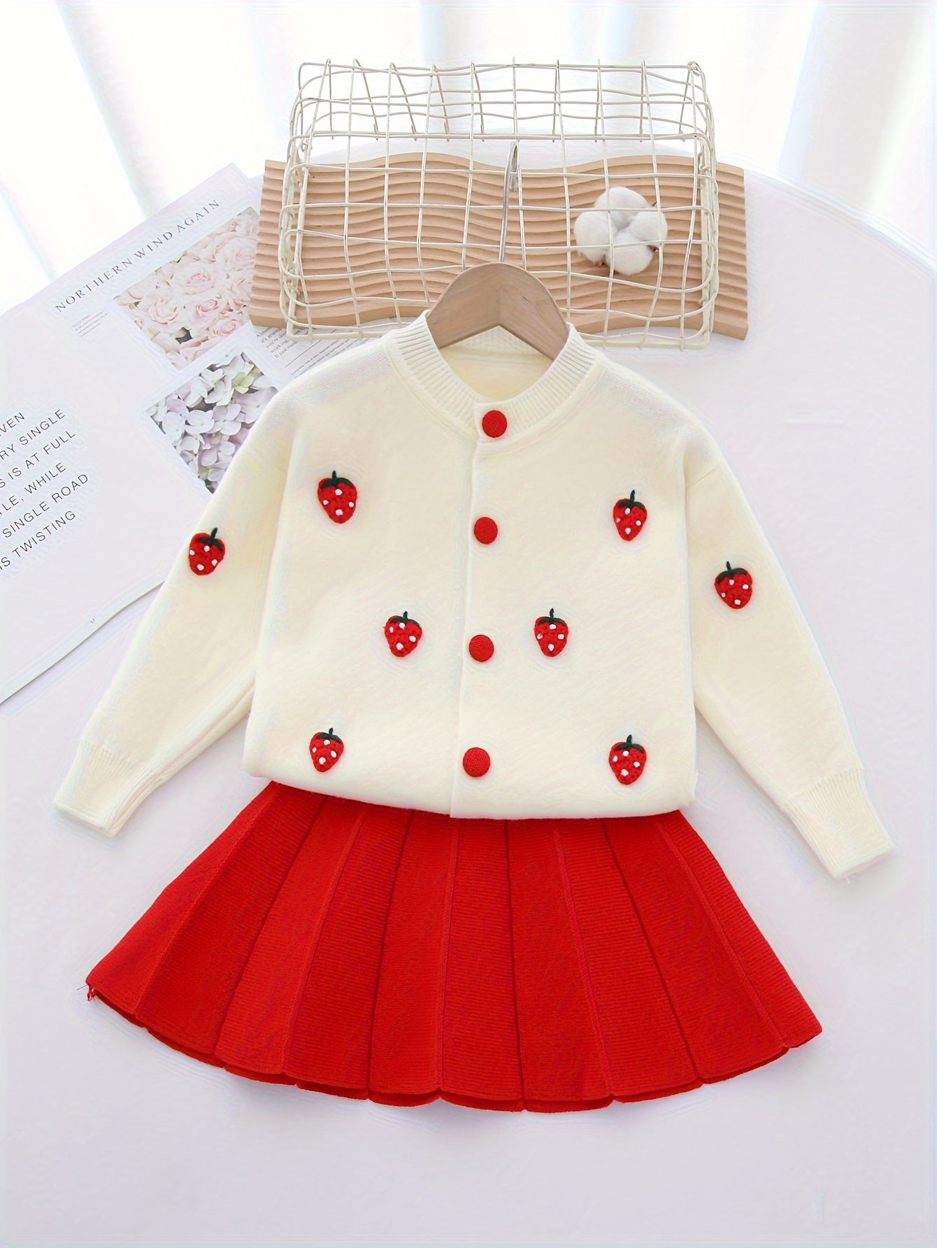 Girls Kids Spring Fall Outfit Set Cardigan Sweater and Pleated Skirt