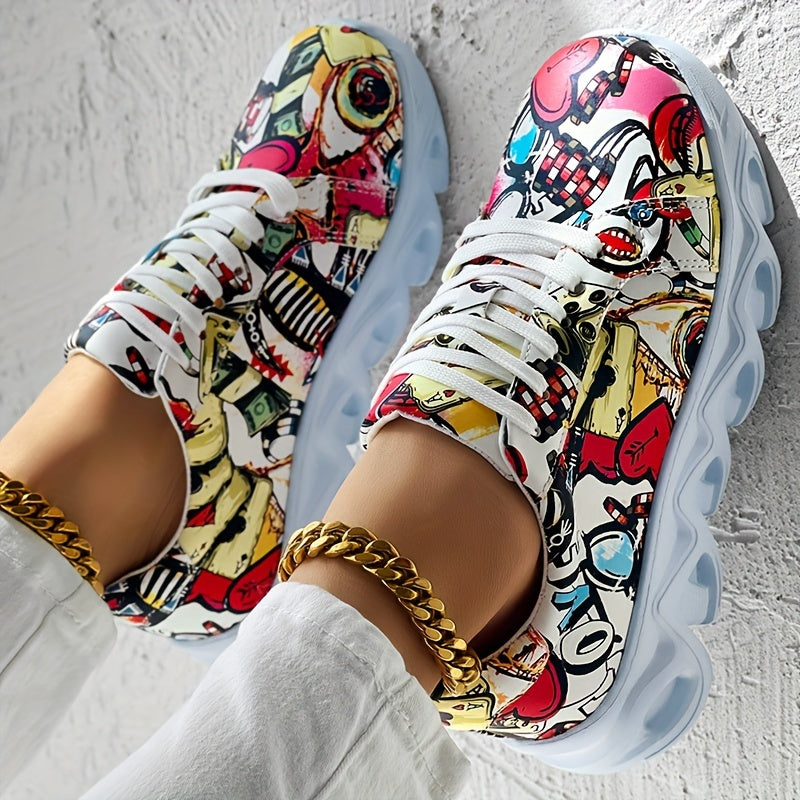 Women's Canvas Sneakers Casual Low Top Outdoor Shoes with Graffiti Pattern