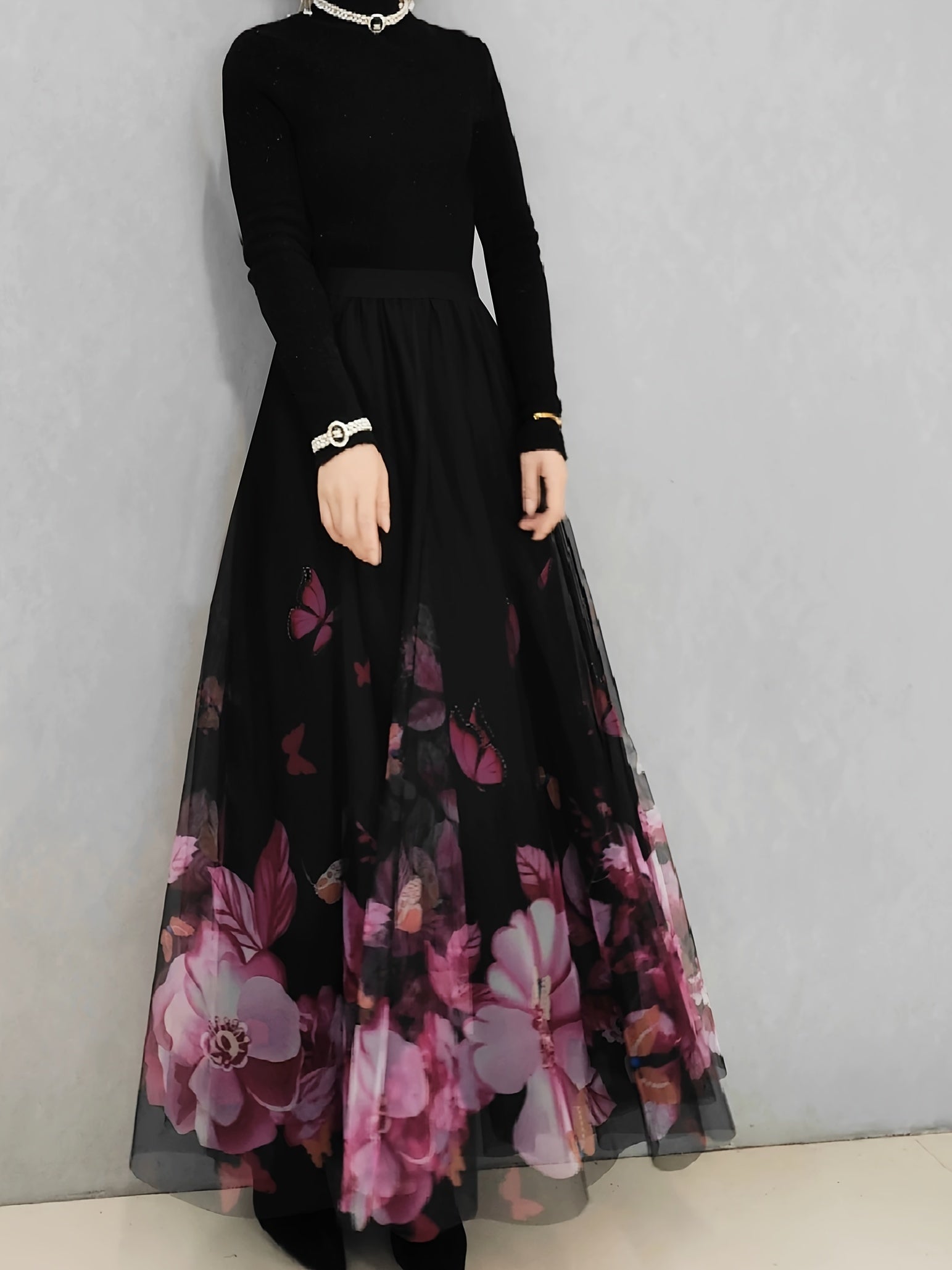 Women's Maxi Skirt with Floral and Butterfly Print Ruffle Hem Polyester All-Season