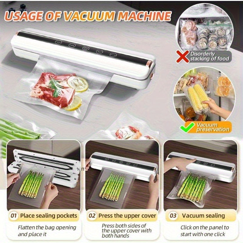 Uy va tashqarida sayohat qilish uchun qayta to'ldiriladigan simsiz vakuum yopishtiruvchi, avtomatik chiqarish, ho'l/quruq foydalanish, 10 ta vakuum paketlari, 1500mAh batareyali. Oziq-ovqatni saqlash va sayohat uchun ideal.