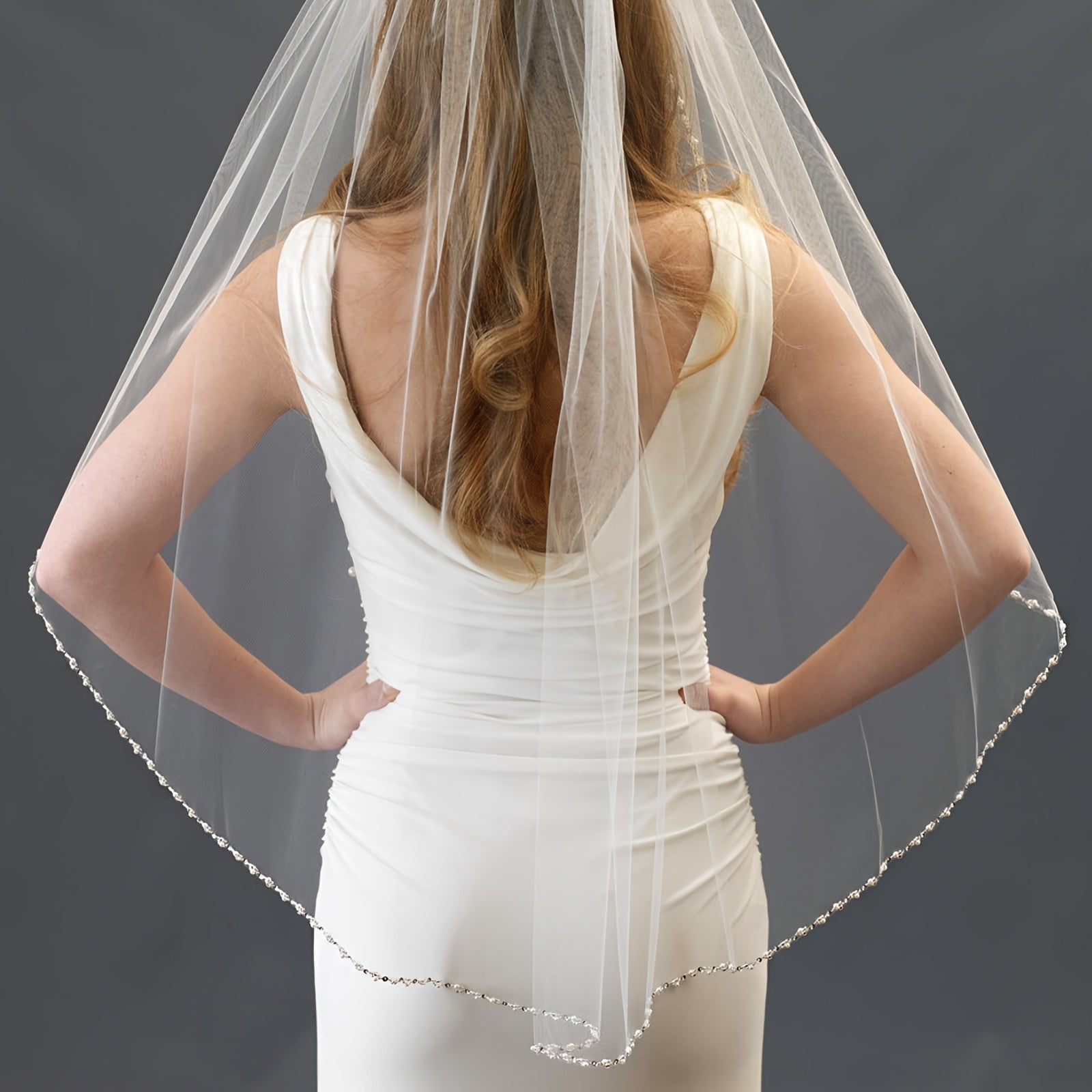 Bridal Veil Fingertip Length Beaded Tulle Wedding Accessory