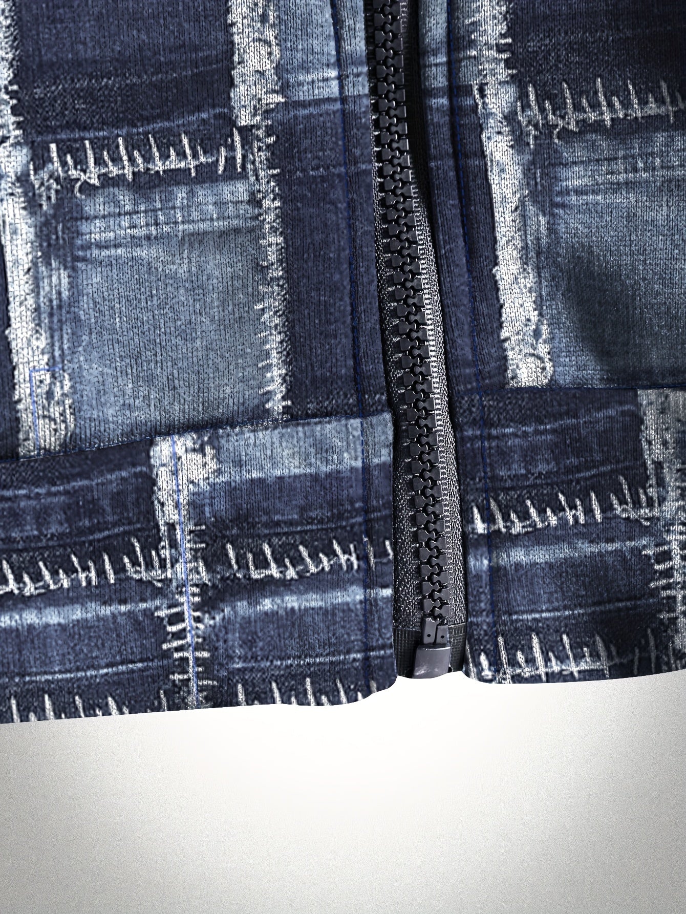 Plus Size Men's Faux Denim Print Hooded Jacket with Zipper Pockets and Machine Washable