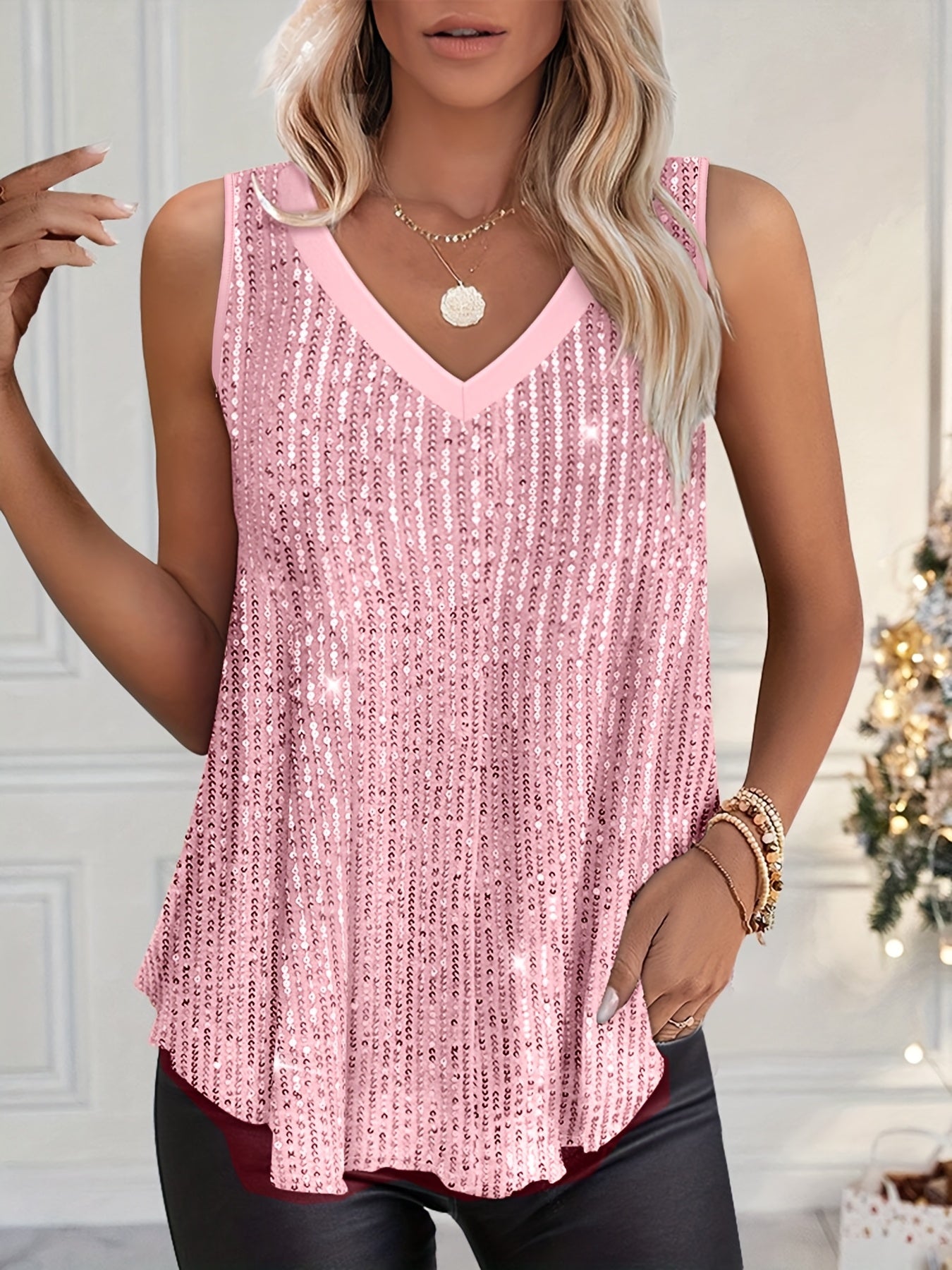 Женская топ-безрукавка с пайетками и V-образным вырезом, розовая, большой размер, весна-лето
