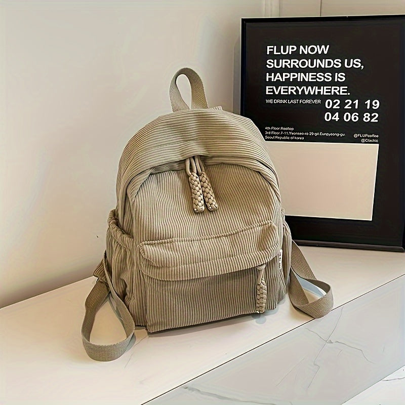 Women's Casual Corduroy Backpack Lightweight Zipper Closure Adjustable Straps
