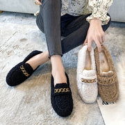Women's Cozy Slip-On Winter Shoes with Golden Chain Black Beige Indoor Outdoor