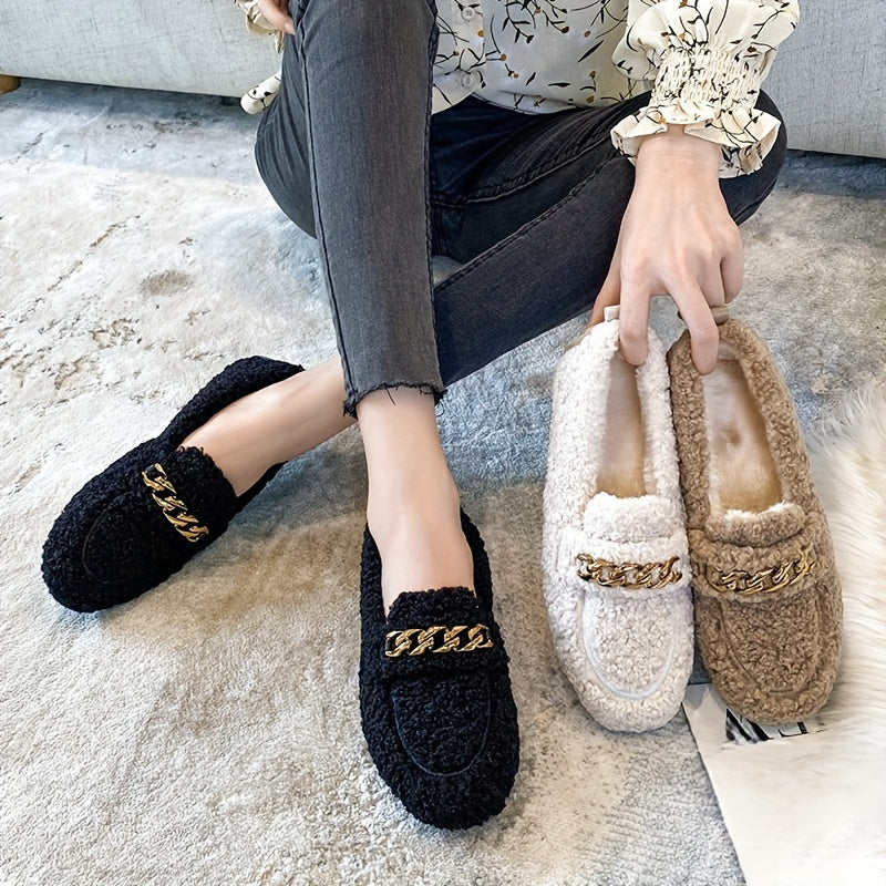 Women's Cozy Slip-On Winter Shoes with Golden Chain Black Beige Indoor Outdoor