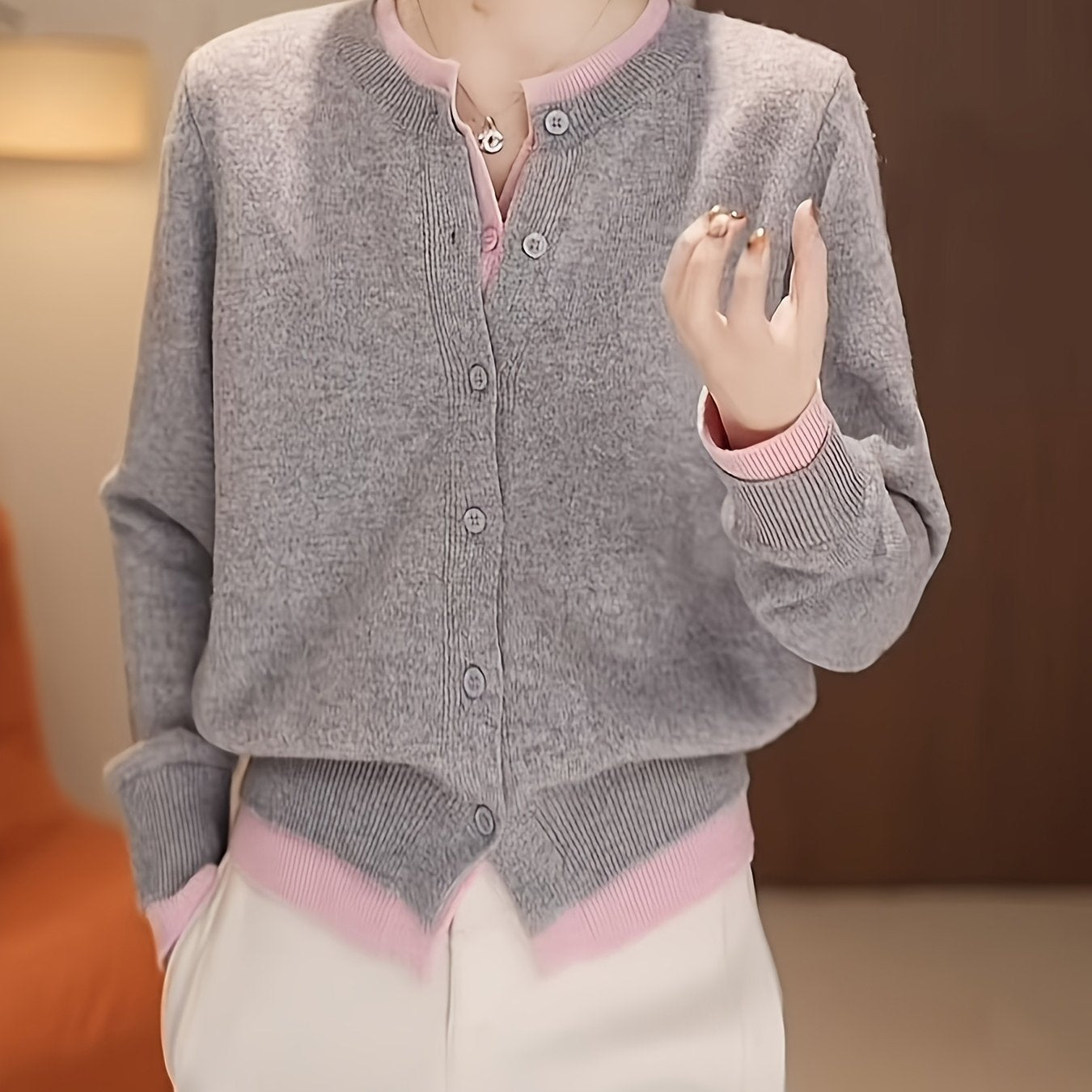 Plus Size Women's Color Block Faux Two-Piece Oversized Cardigan