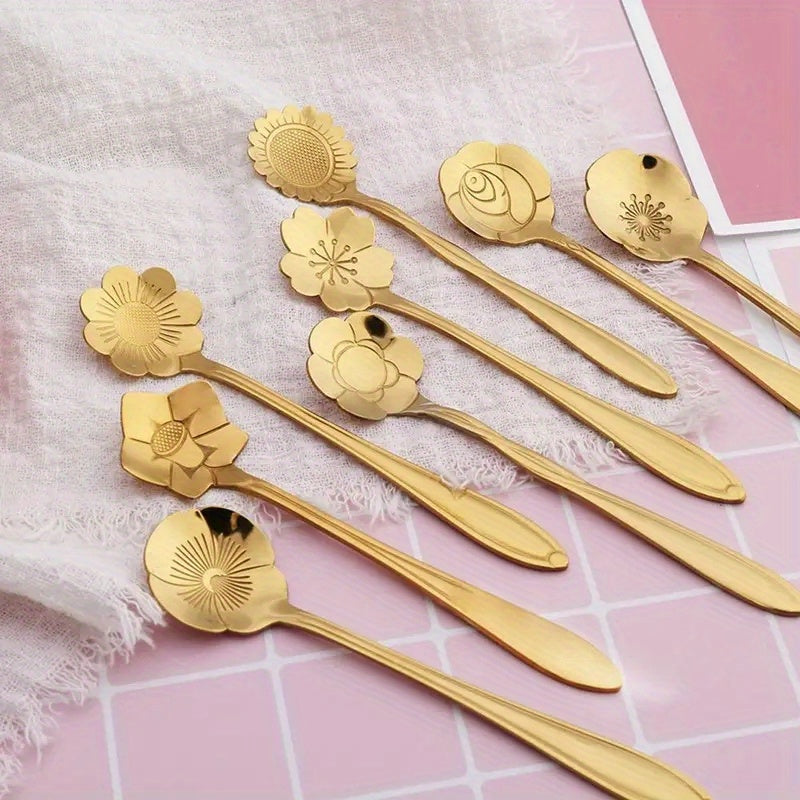 Set of 8 Flower-Shaped Stainless Steel Spoons with Gold and Silver Coating for Tea Coffee Desserts