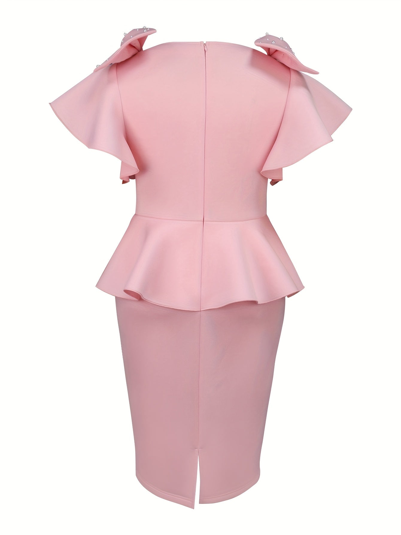 Women's Pink Midi Party Dress Flare Sleeve Beaded High-Low Hem