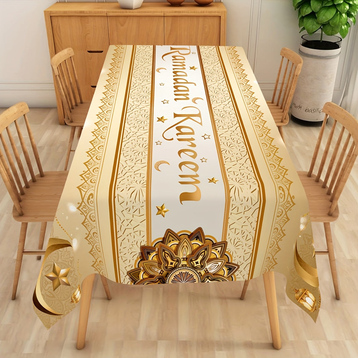 1 dona Oltin Polyester Ramazon Stol usti, Oydin chiroq va gullar dizayni bilan, Eid bayrami davomida uy oshxonasini bezash uchun mukammal.