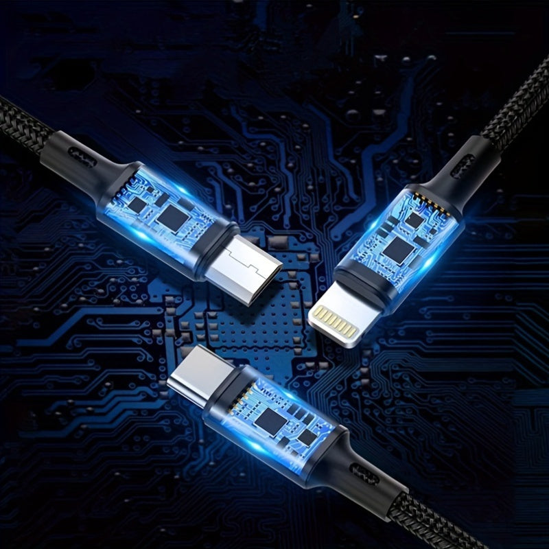 3-in-1 Naylon bilan to‘qilgan zaryadlash kabeli USB dan Lightning Type-C Micro USB gacha 149cm