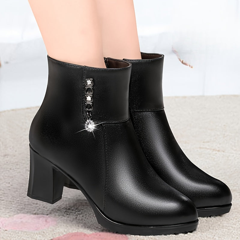 Women's Black Faux Leather Ankle Boots with Chunky Heel and Zipper