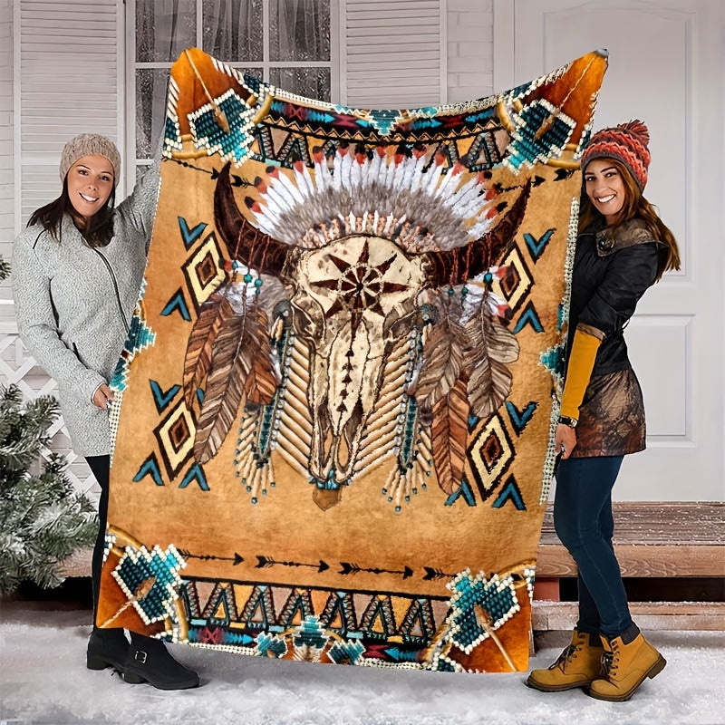Native American Totem Print Flannel Throw Blanket Reversible All-Season Bedspread for Camping and Cozy Naps